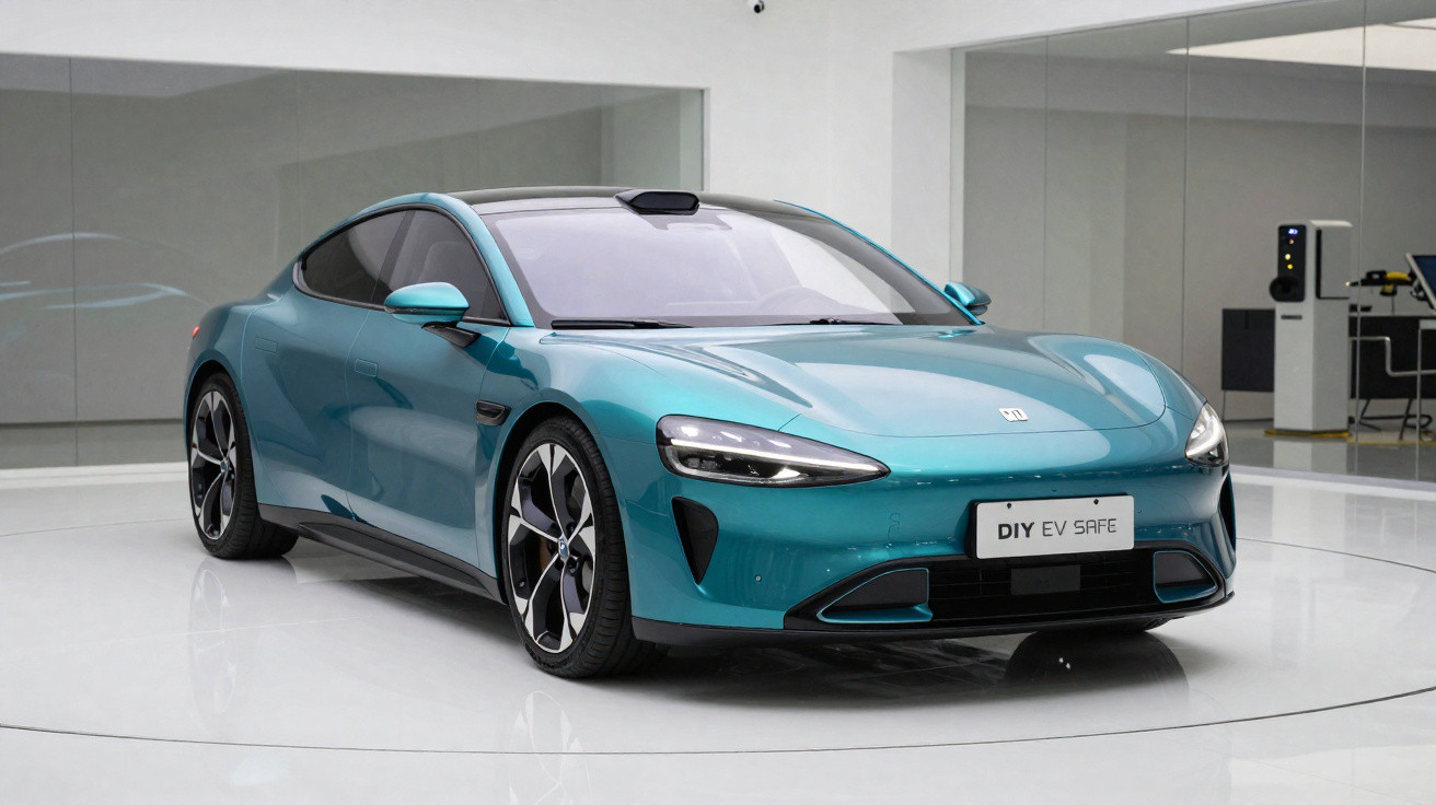 Carro elétrico esportivo azul em exposição com design moderno e aerodinâmico.