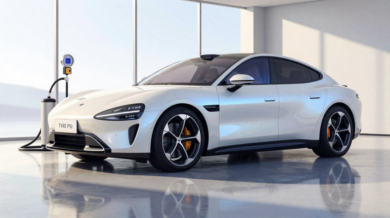 Carro elétrico branco em carregador dentro de garagem com piso brilhante e paredes claras.