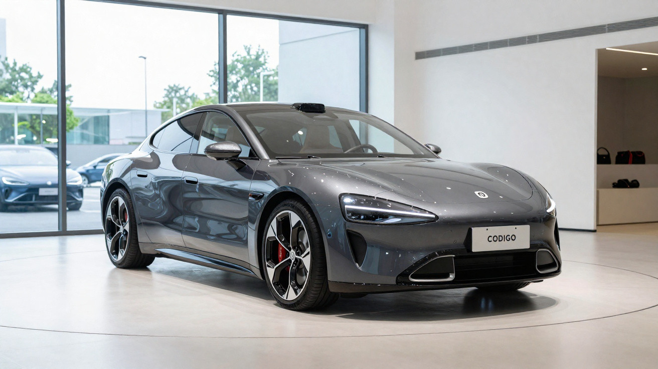 Carro esportivo cinza escuro exposto em showroom moderno com vidro ao fundo e iluminação interna.
