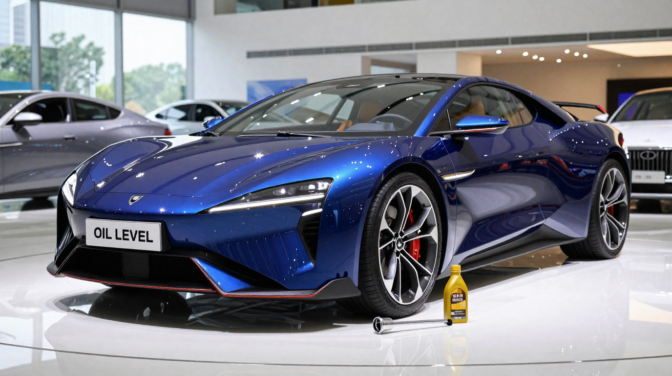 Carro esportivo azul metálico exibido em showroom moderno com produto de óleo ao lado.