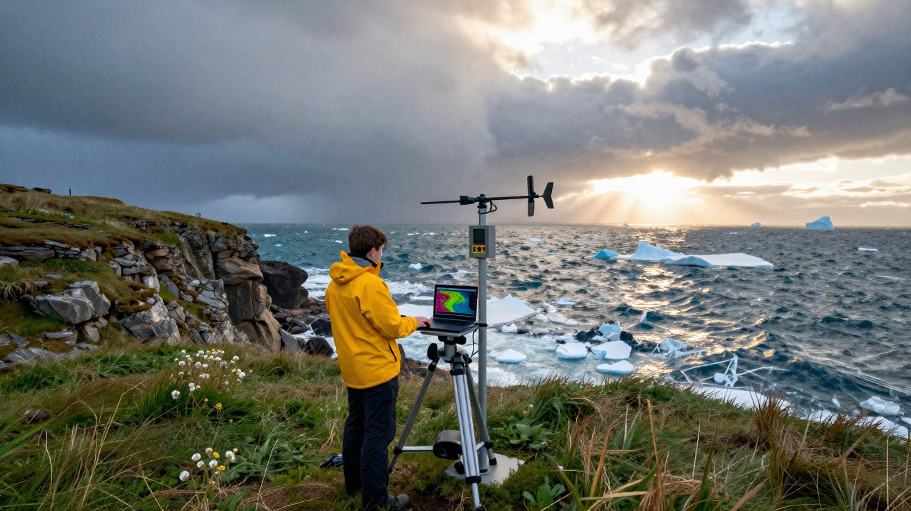 Pessoa com jaqueta amarela usando laptop em estação meteorológica perto do mar com icebergs e céu nublado ao entardecer.