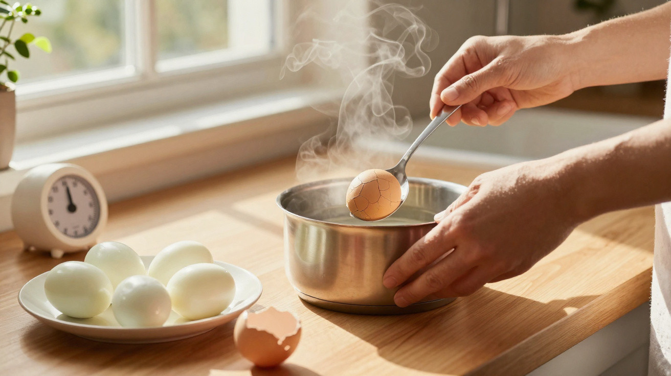 Mãos tirando ovo com casca rachada da panela de água quente para preparar ovos cozidos na cozinha iluminada.
