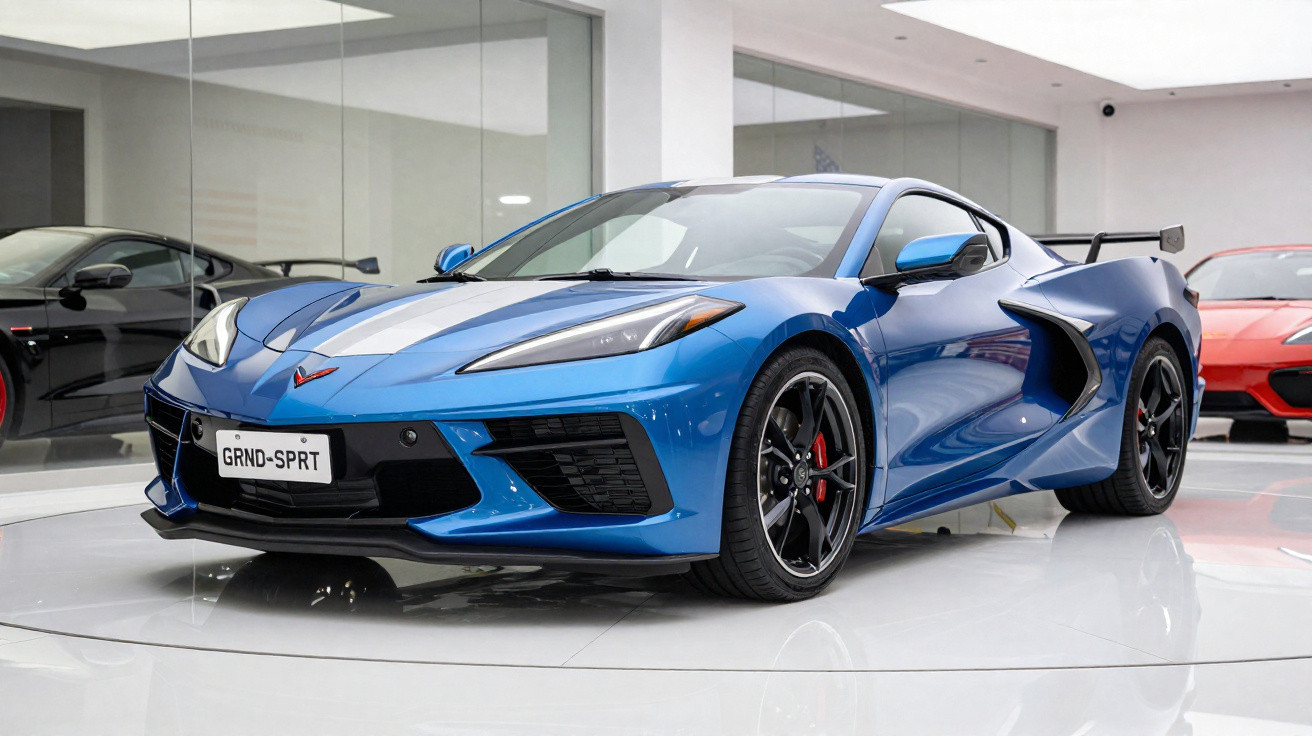 Carro esportivo azul com faixa branca, rodas pretas e spoiler traseiro em showroom moderno.