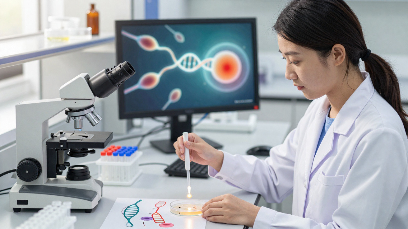 Mulher cientista usando pipeta em laboratório com microscópio e imagem de DNA no computador.