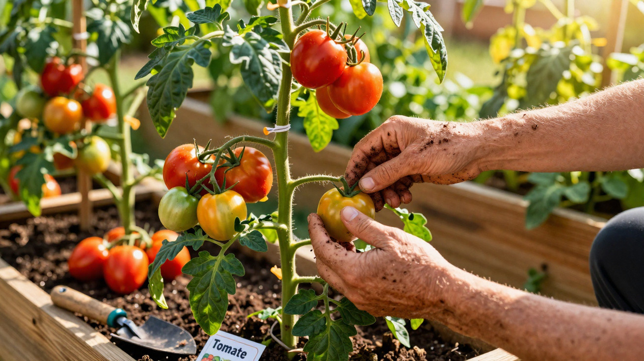 Mãos sujas colhendo tomate maduro em plantação orgânica em canteiro de madeira ao ar livre.
