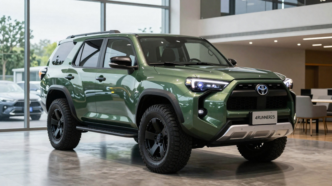 SUV Toyota 4Runner verde militar estacionado em ambiente interno moderno e iluminado.