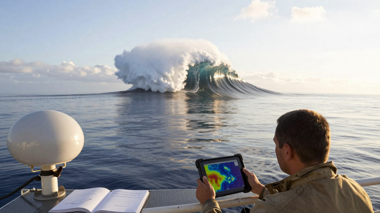 Homem em barco usando tablet observa grande onda no mar com céu claro ao fundo.