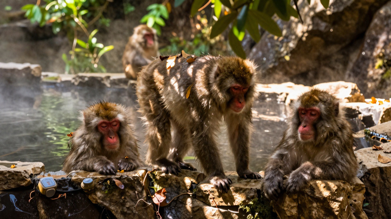 Três macacos japoneses junto a uma fonte termal cercados por pedras e vegetação.
