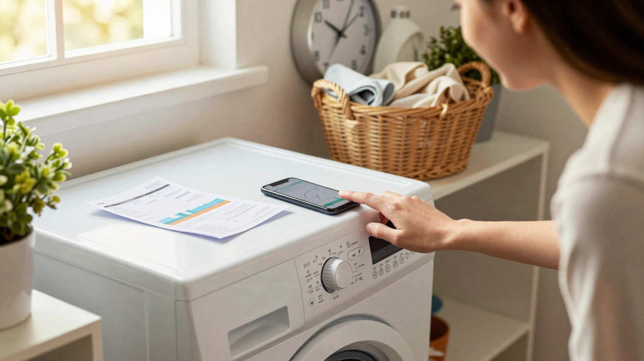 Pessoa mexendo no celular sobre máquina de lavar roupa com cesta e documentos ao lado, em ambiente iluminado.