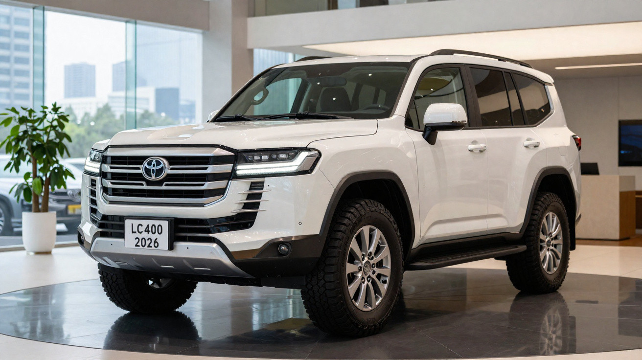 SUV branco Toyota Land Cruiser LC400 2026 em showroom moderno e iluminado.