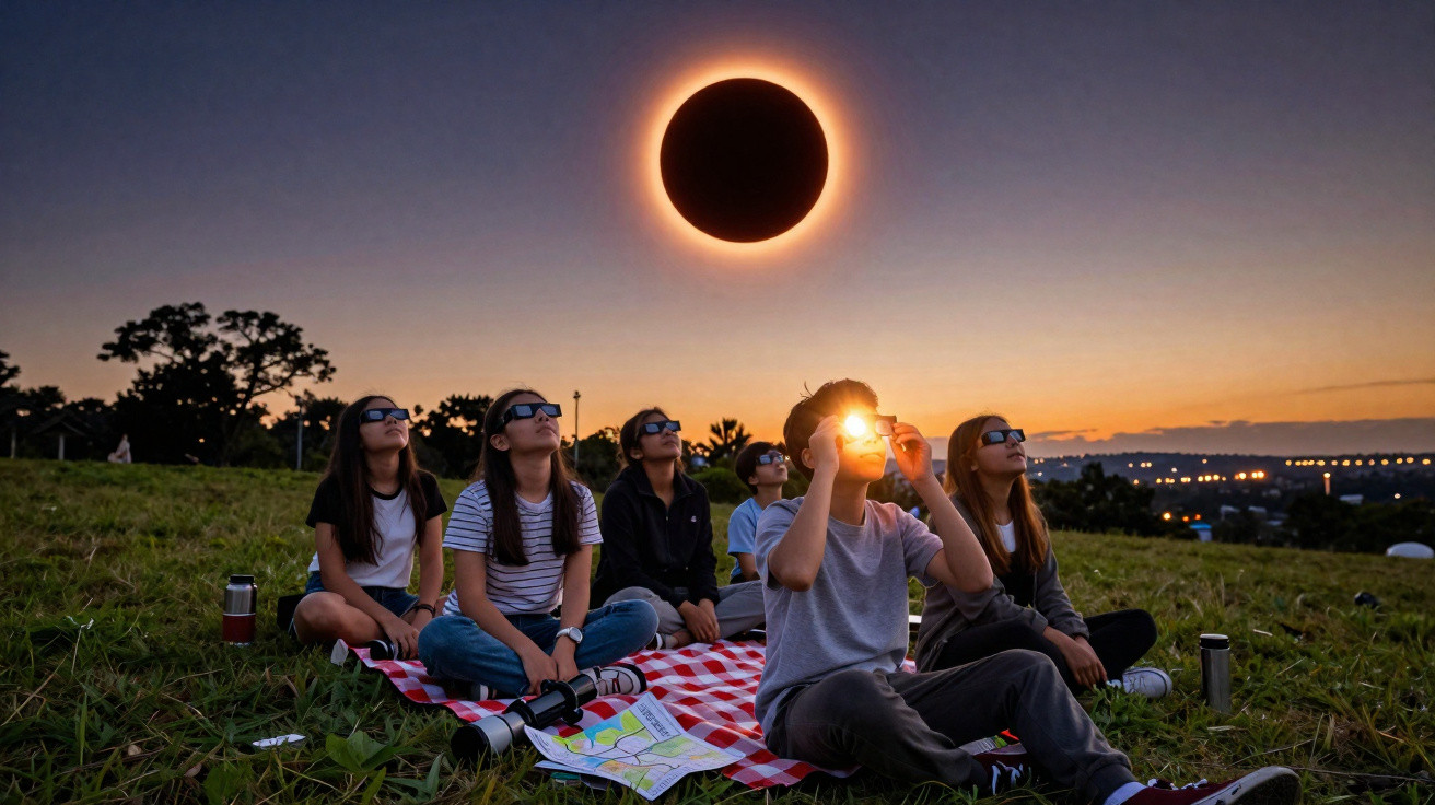 Grupo de pessoas sentadas na grama observando eclipse solar com óculos especiais ao entardecer.
