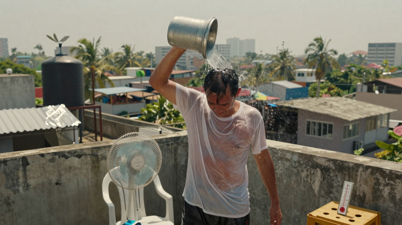 Homem derramando água na cabeça em varanda com ventilador e termômetro, em dia quente e ensolarado.