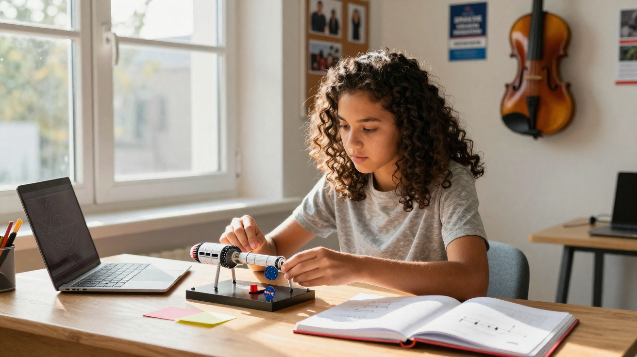 Adolescente estudando ciência com modelo de motor na mesa, junto ao laptop e livro aberto.
