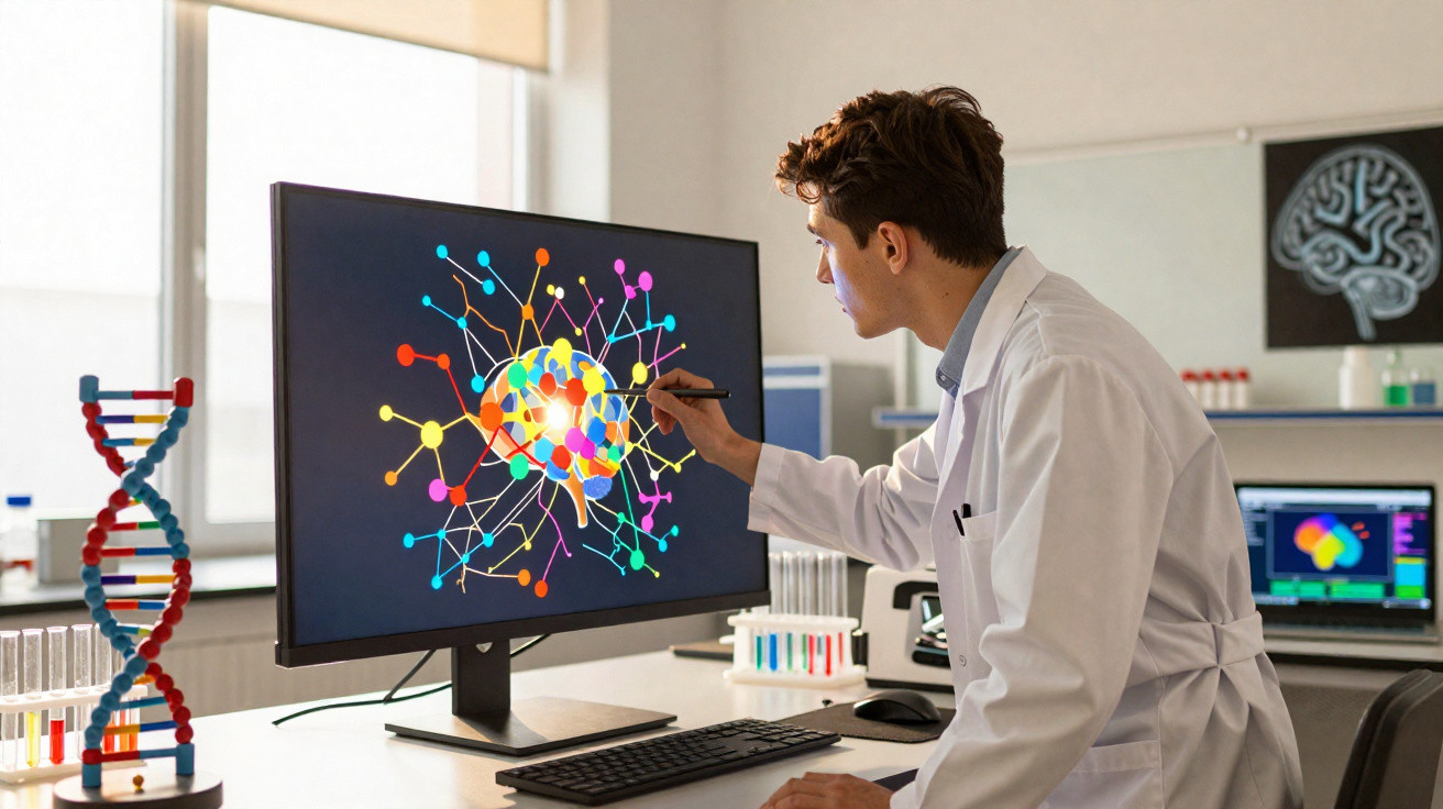 Cientista em laboratório analisando cérebro colorido conectado a pontos em tela de computador.