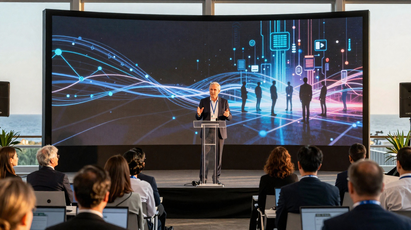Homem palestrando em conferência, com tela digital futurista e audiência atenta em ambiente moderno.