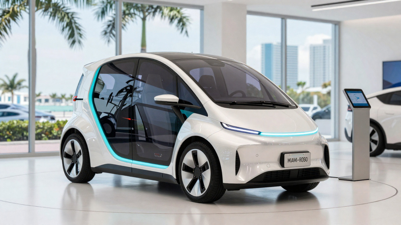 Carro elétrico compacto branco com design futurista em exposição interna iluminada.
