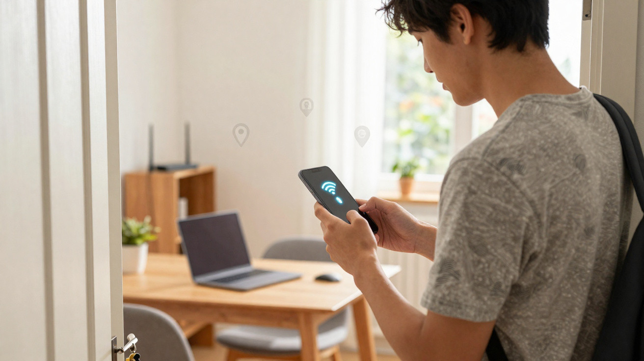 Homem usando smartphone para conectar Wi-Fi em sala com mesa e notebook ao fundo.