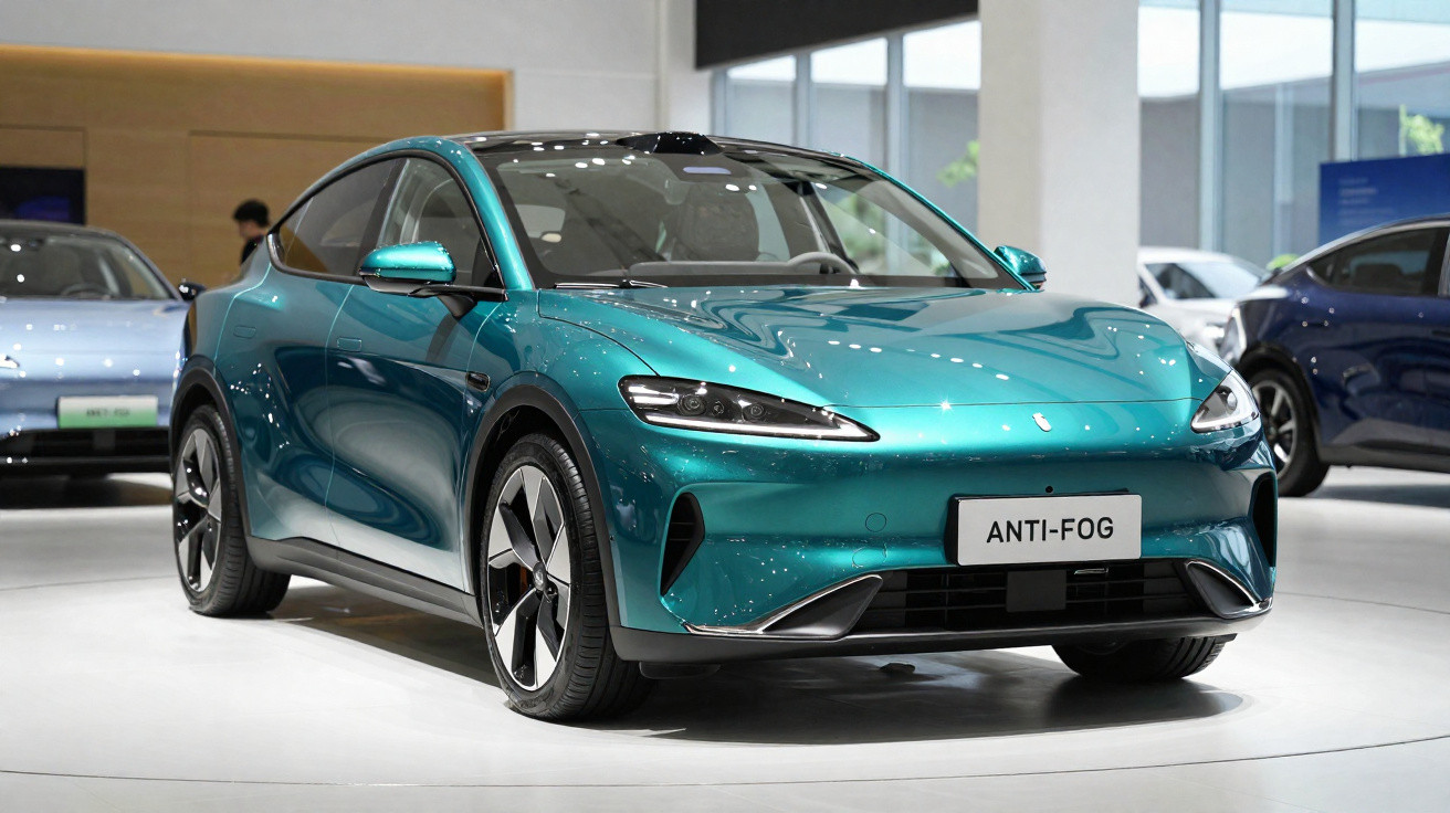 Carro elétrico azul metálico apresentado em salão de veículos, modelo Anti-Fog.