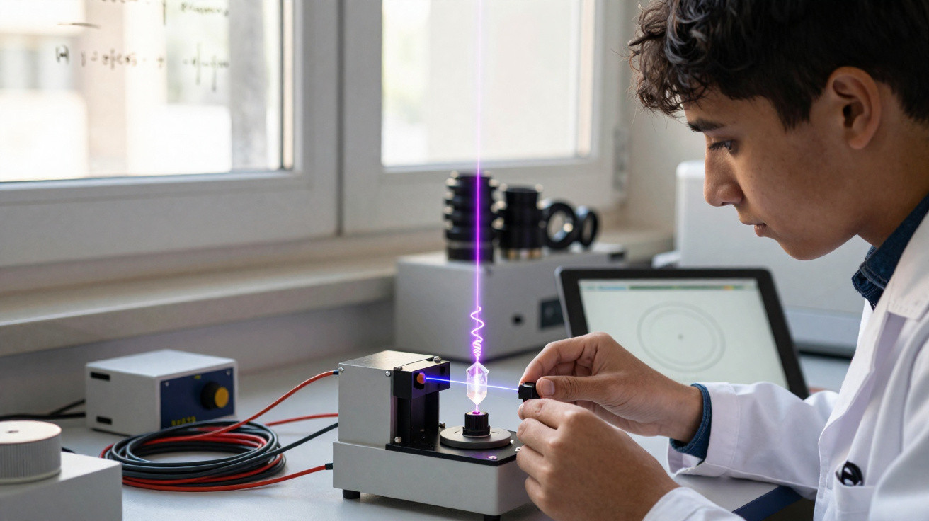 Jovem cientista ajusta equipamento que emite feixe de laser violeta em laboratório iluminado por janela.