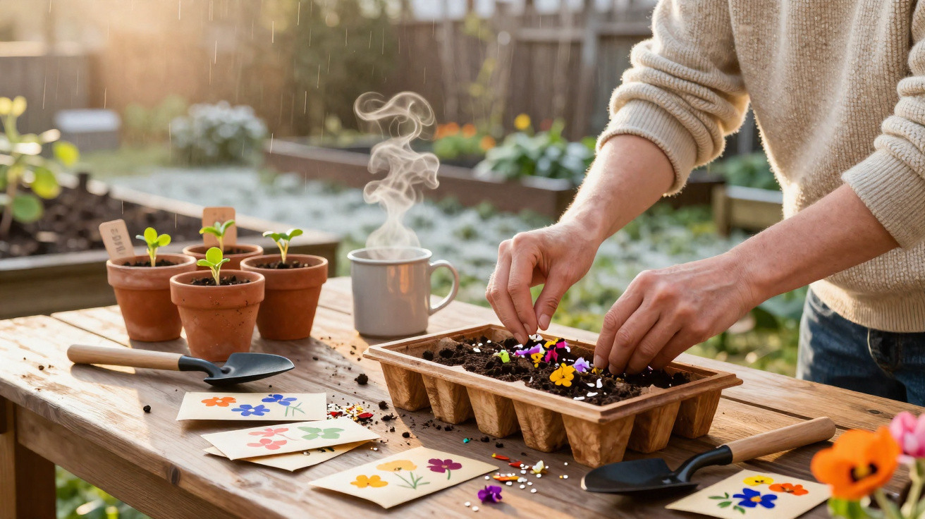 Pessoa plantando sementes de flores em bandeja de mudas ao ar livre, com regador e xícara de chá fumegante.