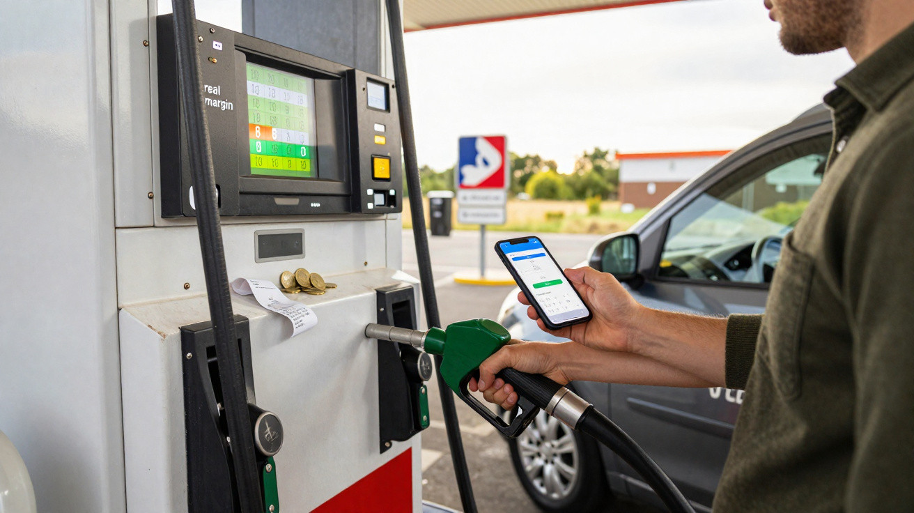 Pessoa usando celular enquanto abastece carro em posto de gasolina com bomba e recibo visíveis.
