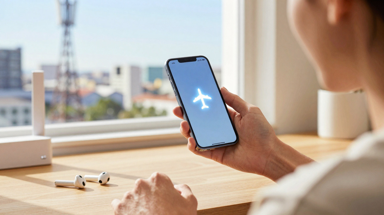 Pessoa segurando celular com símbolo de avião na tela, ao lado de fones de ouvido sem fio sobre mesa.