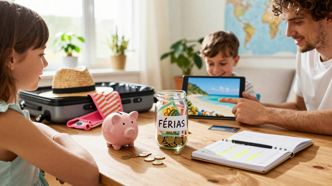 Família planejando férias com cofrinho, pote de dinheiro etiquetado e mala aberta ao fundo.