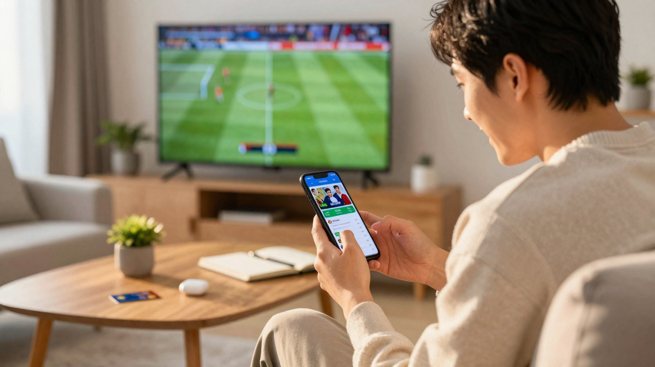 Pessoa assistindo jogo de futebol na TV enquanto usa celular sentado em sala de estar moderna.