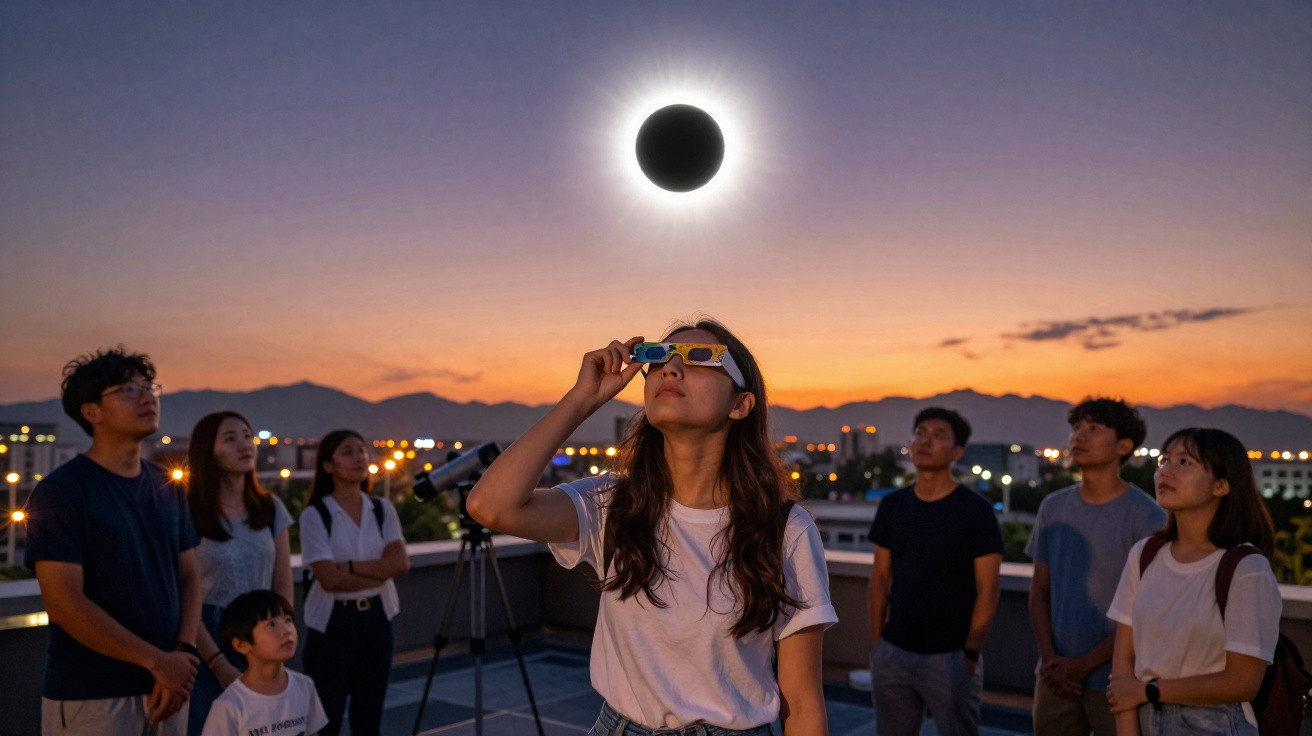 Grupo de pessoas observando eclipse solar com óculos especiais ao pôr do sol, em área urbana.