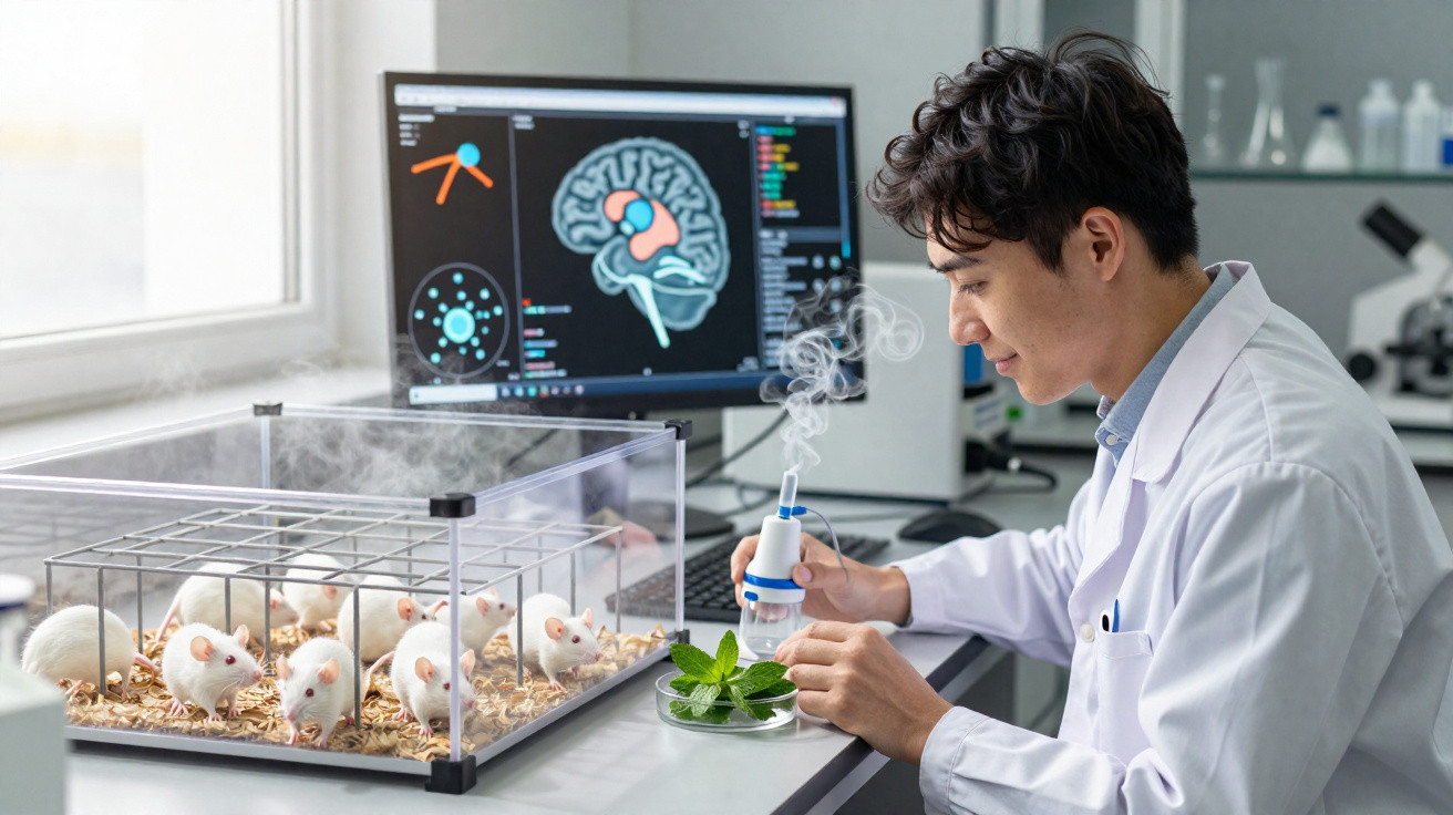 Pesquisador em laboratório com jaleco realizando experimento com folhas de hortelã e ratos brancos.