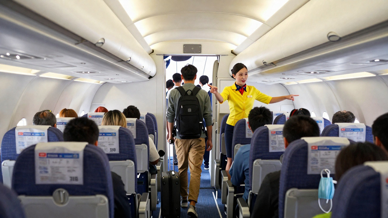 Passageiros entrando em avião enquanto comissária de bordo orienta o embarque no corredor central.