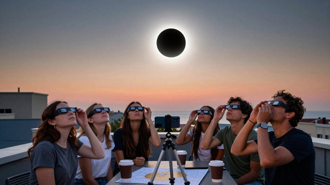 Seis pessoas usando óculos de proteção observam eclipse solar durante pôr do sol em uma varanda.