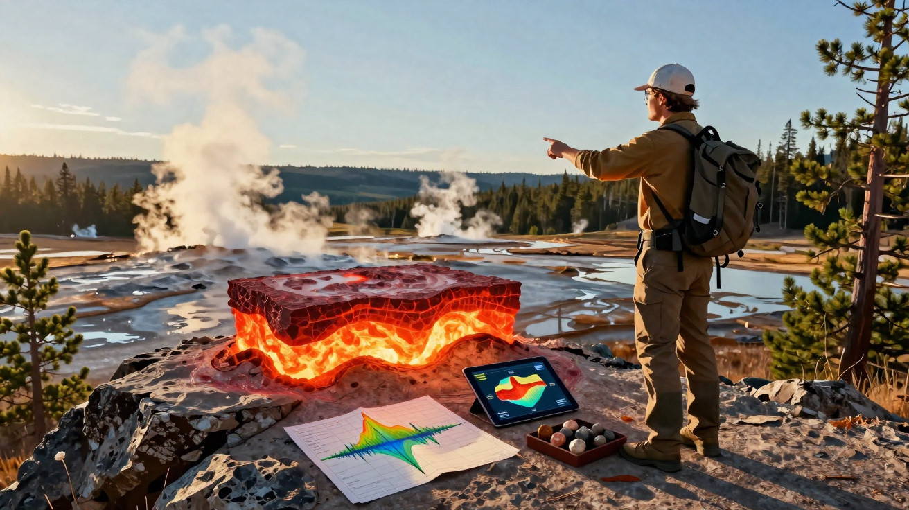 Homem observa área geotérmica com modelo de magma derretido e equipamentos científicos ao ar livre.