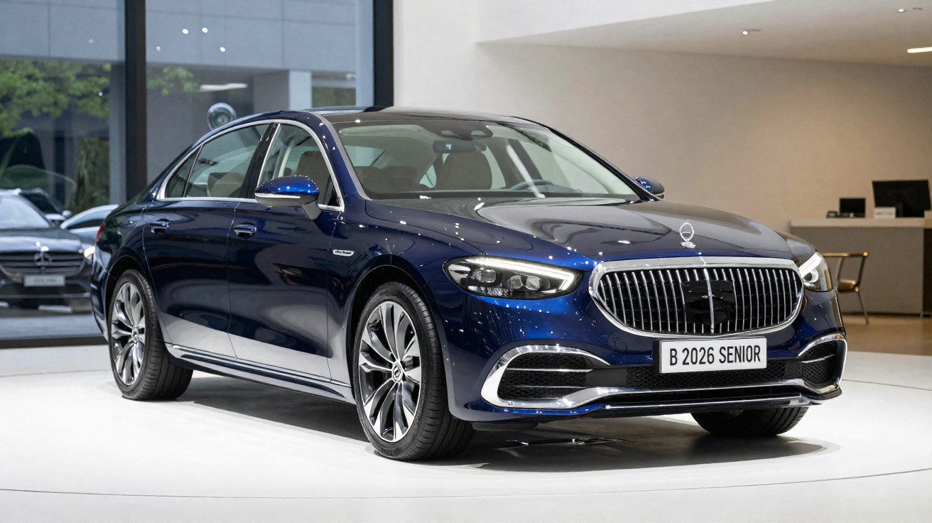 Carro sedan azul escuro exibido em salão de automóveis moderno, com detalhes cromados e faróis acesos.