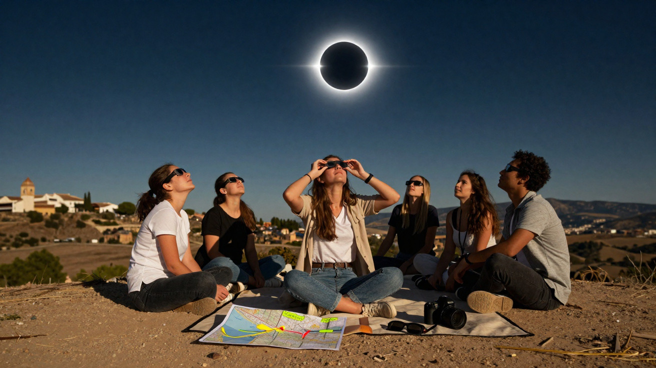 Grupo de seis pessoas sentadas no chão observando eclipse solar com óculos especiais ao ar livre.