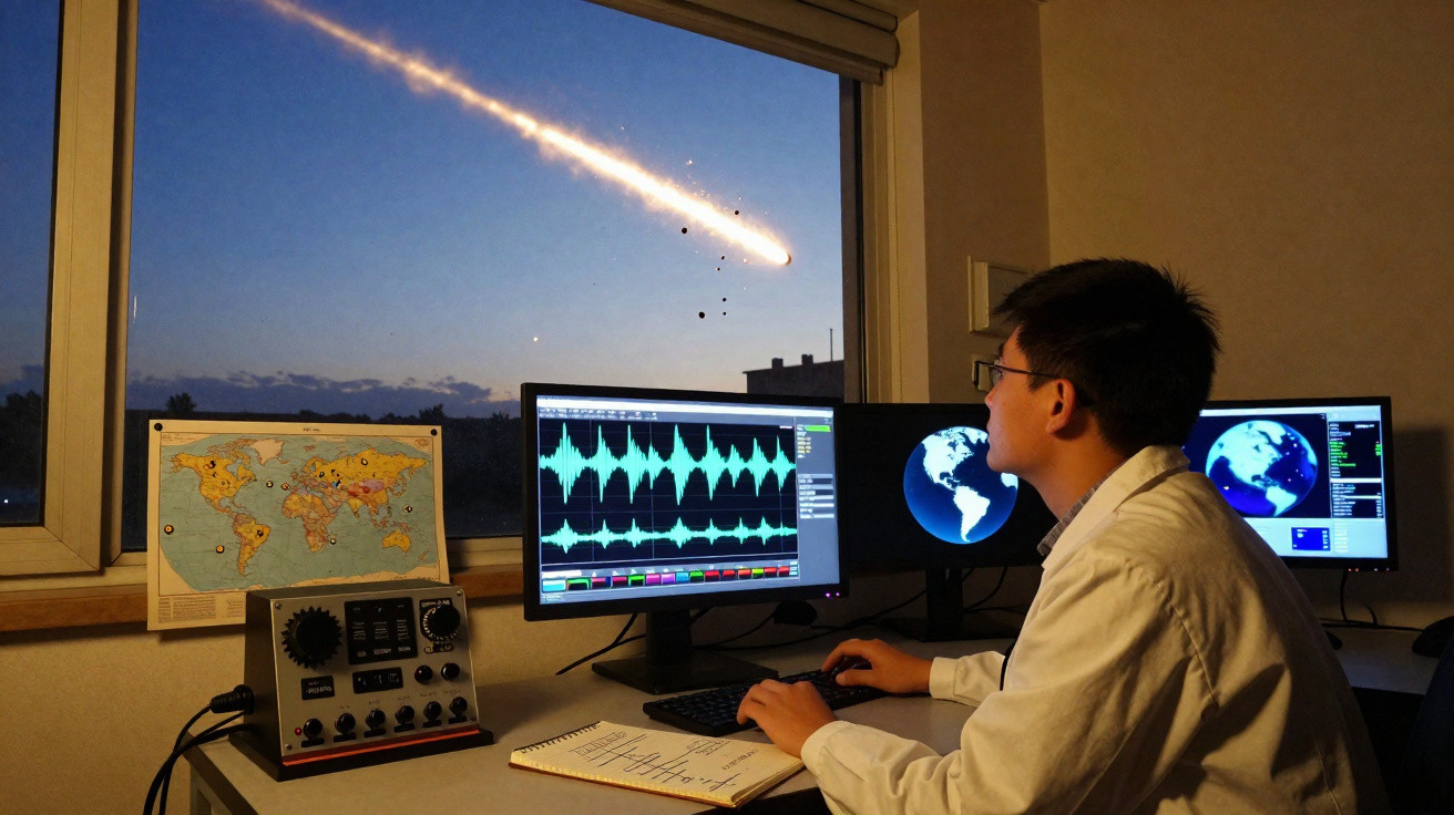 Homem em laboratório observa meteorito entrando na atmosfera pela janela ao lado de monitores com dados científicos.