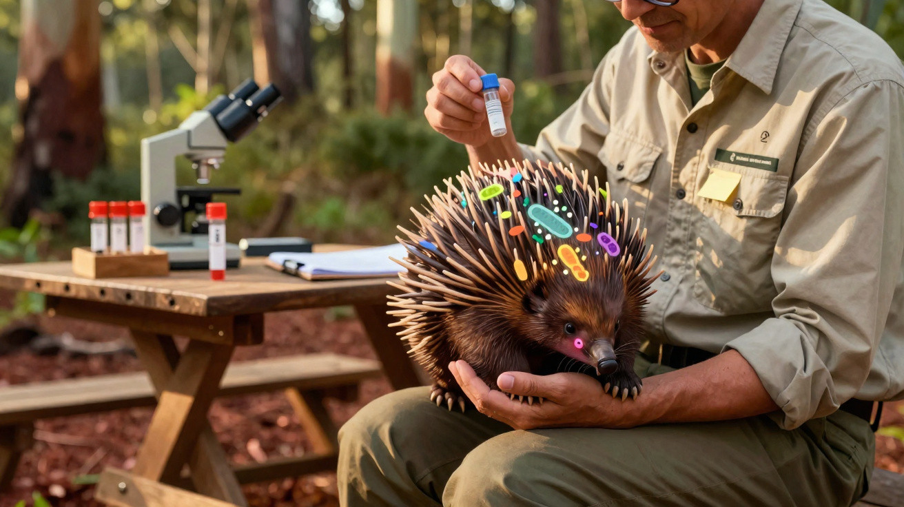 Pesquisador segura equidna com ilustrações de microrganismos no animal em ambiente de floresta.