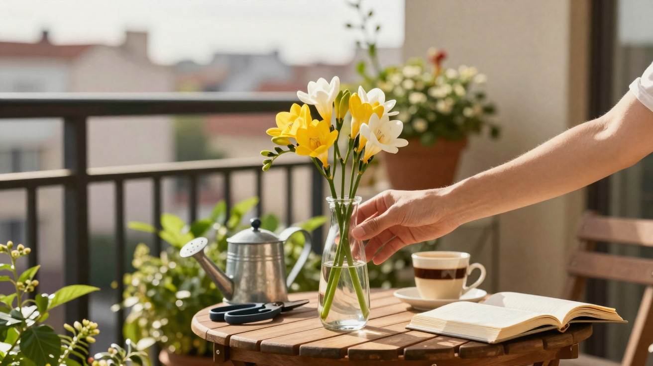 Mão ajustando vaso com flores amarelas e brancas sobre mesa de madeira com livro aberto e xícara de café.
