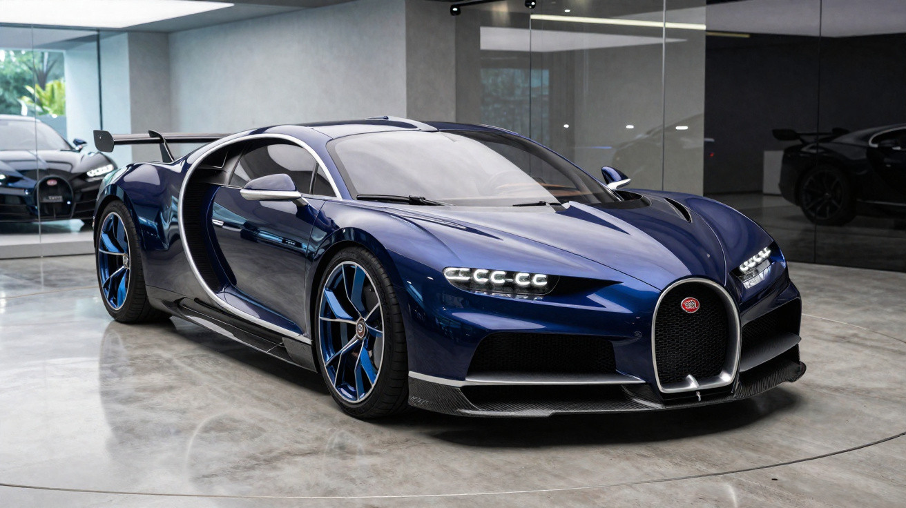 Carro esportivo Bugatti Chiron azul com rodas azuis em garagem com piso refletivo.