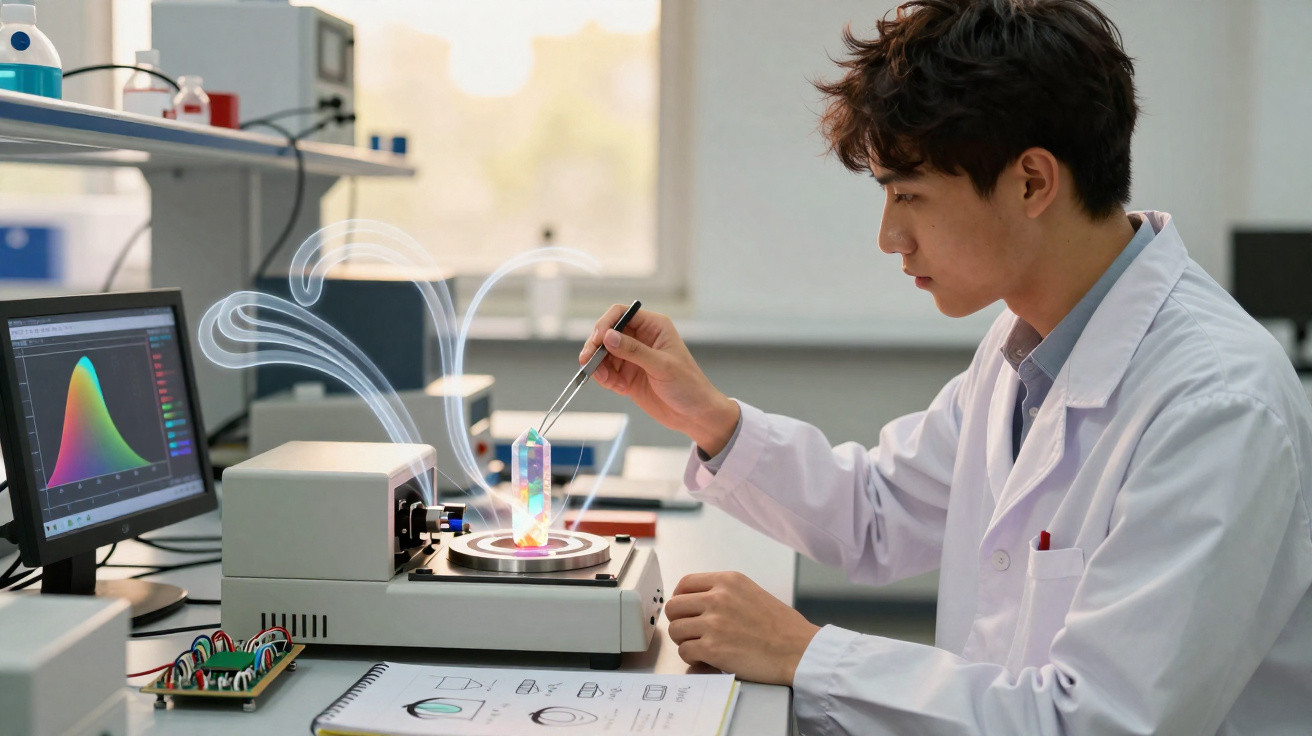 Cientista em jaleco manipula amostra colorida em laboratório com equipamento e computador ao fundo.