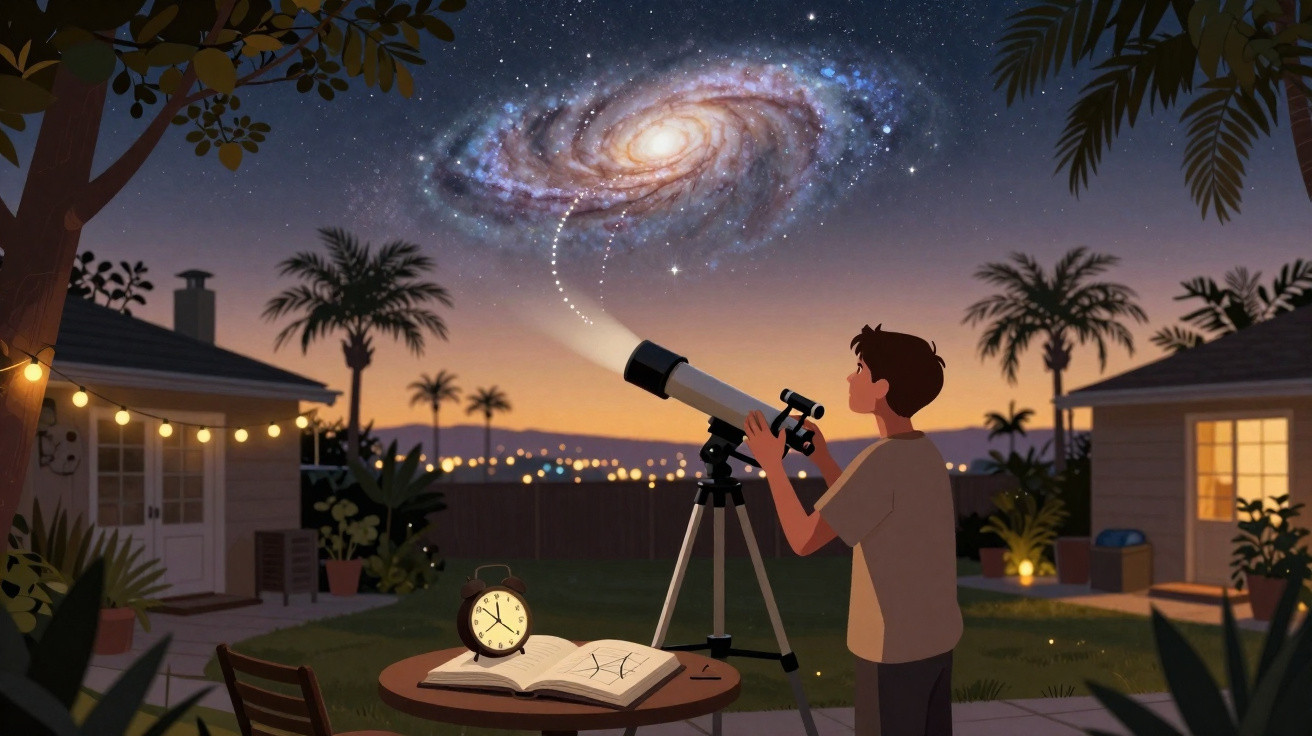 Menino observando galáxia pelo telescópio no quintal ao entardecer, com relógio e livro na mesa.