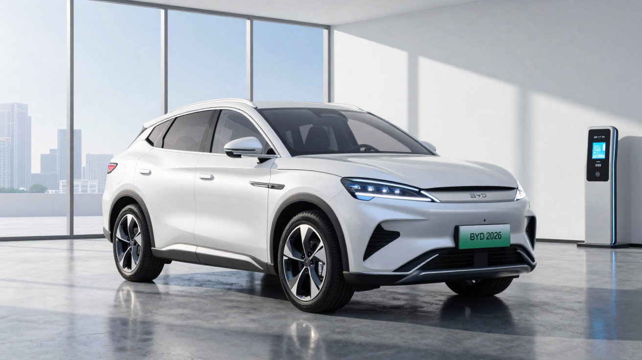 Carro elétrico branco BYD 2026 estacionado em ambiente interno moderno com teto alto e janelas grandes.