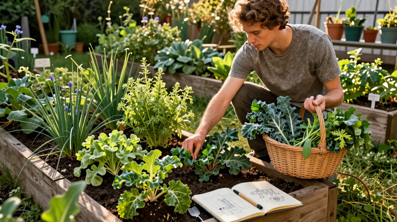 Jovem cuidando de plantas em horta, segurando cesta com verduras e caderno aberto com anotações.