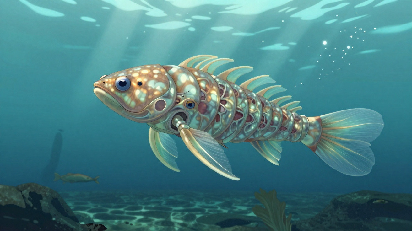 Peixe robótico estilizado nadando em ambiente subaquático com detalhes mecânicos visíveis.