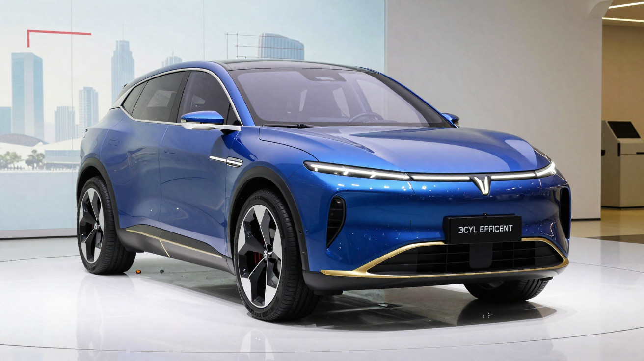 Carro elétrico azul com design aerodinâmico exposto em ambiente interno moderno.