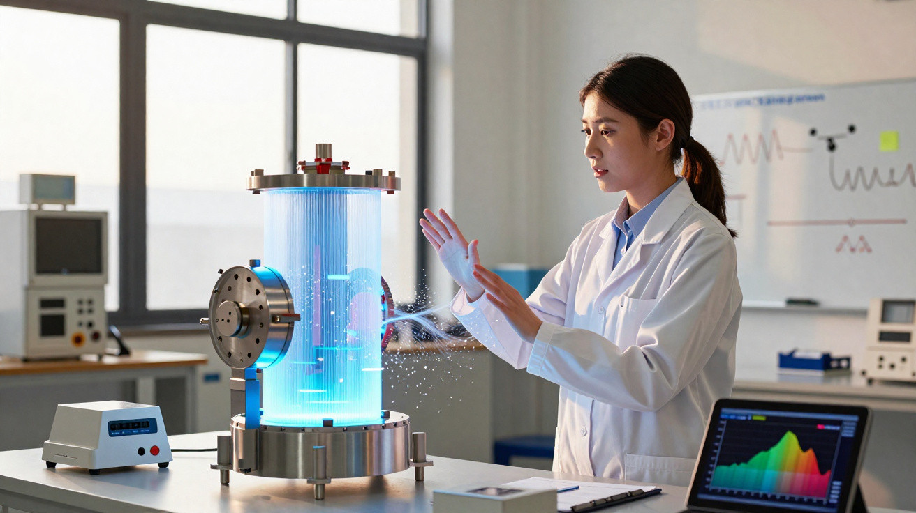 Cientista em laboratório interage com holograma azul próximo a equipamentos e computador com gráficos coloridos.