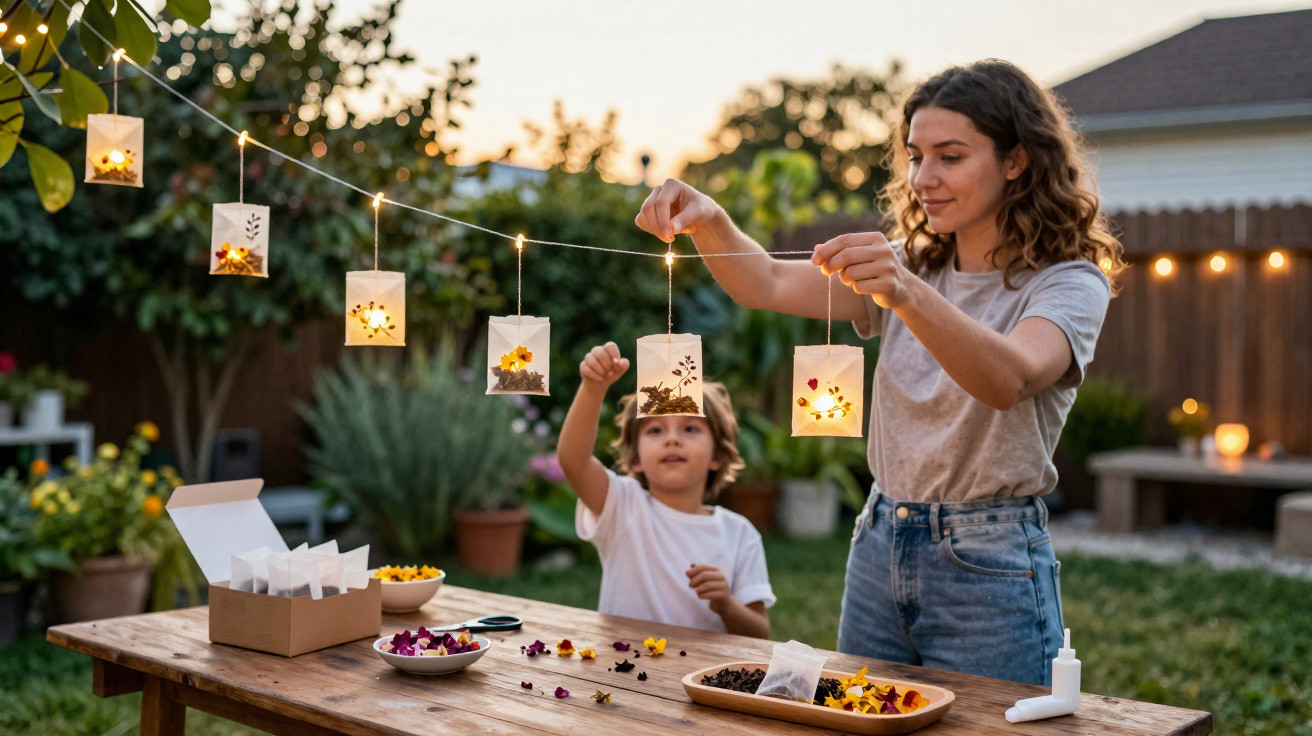 Mulher e criança pendurando lanternas decorativas com flores ao entardecer em jardim.