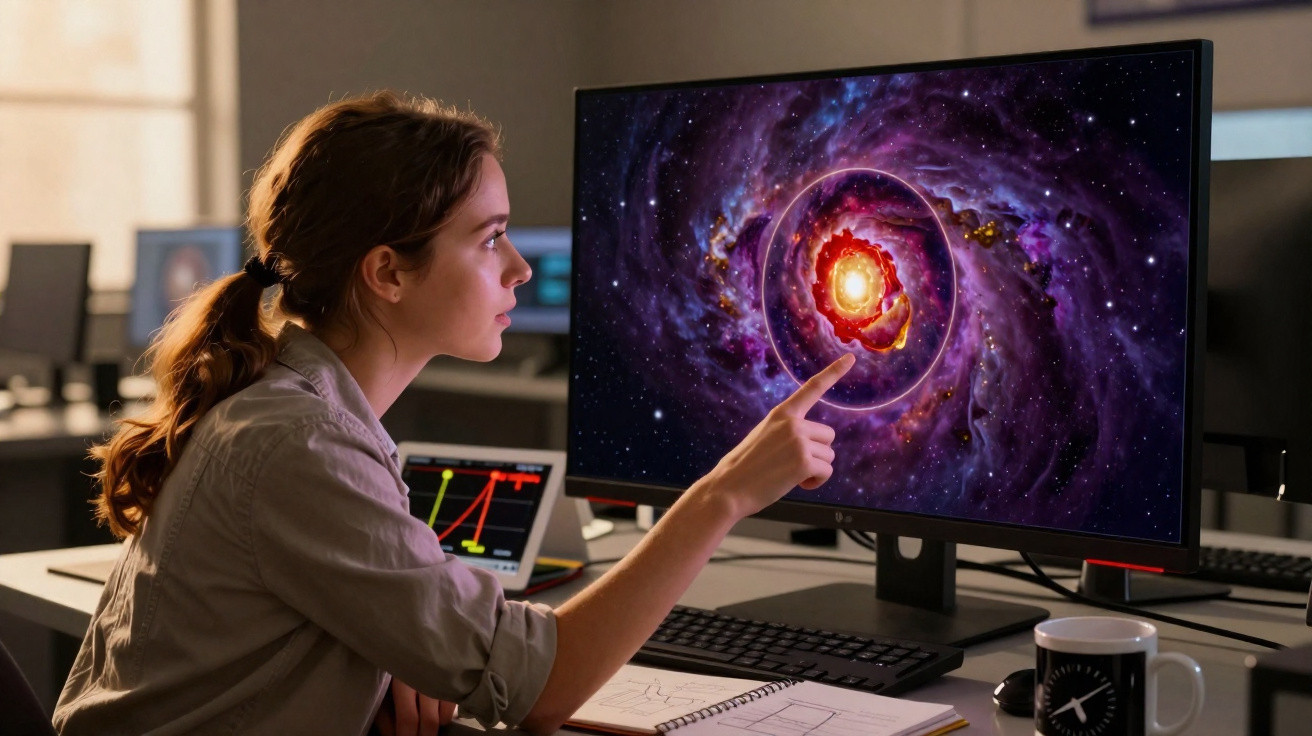 Mulher apontando para imagem de galáxia colorida em monitor de computador em escritório.