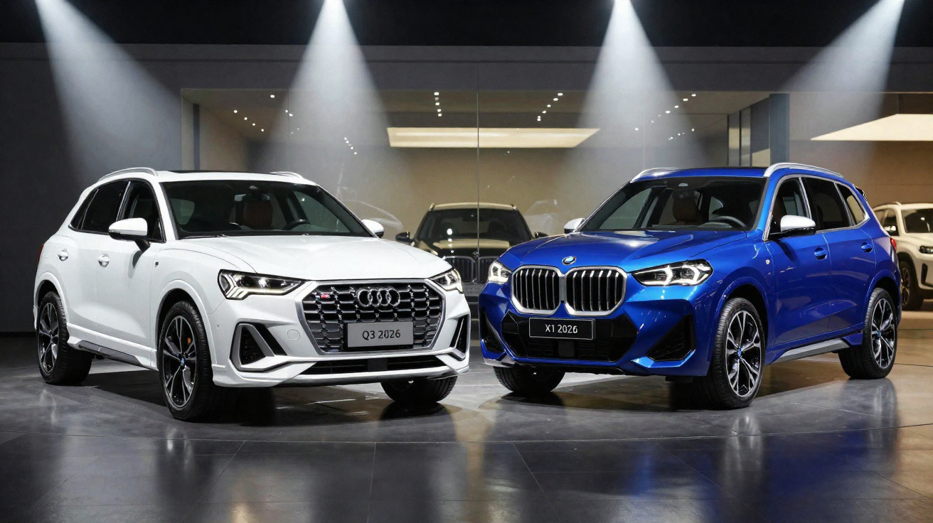 Dois SUVs novos, Audi Q3 branco 2026 e BMW X1 azul 2026, em showroom moderno com iluminação focada.