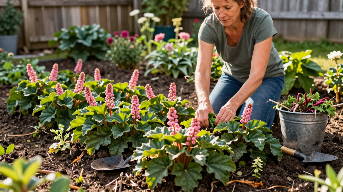Mulher cuidando de plantas com flores cor-de-rosa em jardim ensolarado, com ferramentas ao lado.